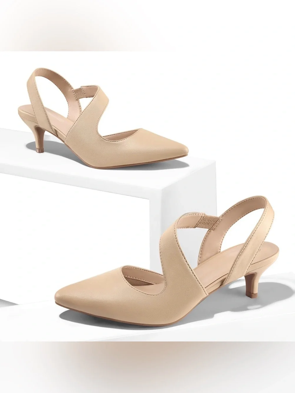Women's Nude Pointed-Toe Slingback Kitten Heel Pumps